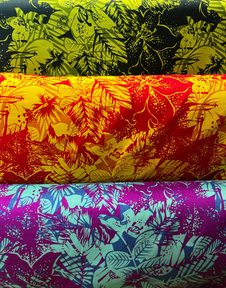 Hibiscus Plumeria Tropical Leaves Cotton Light Barkcloth Fabric - Ivory, Green, Fuchsia, Orange, Turquoise & Purple, 36" X 45" (1 Yard)