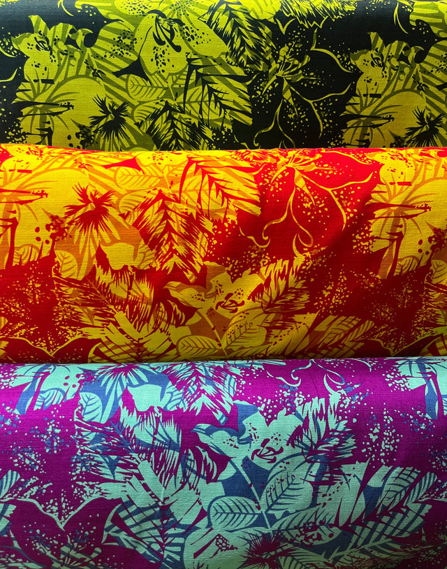 Hibiscus Plumeria Tropical Leaves Cotton Light Barkcloth Fabric - Hibiscus And Plumeria Floral Tropical Leaves Print, 36" X 45" (1 Yard)