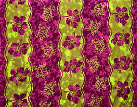 Hibiscus Sea Turtle Rayon Challis Fabric - Magenta And Lime Green, 36" X 45" (1 Yard)