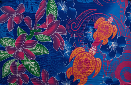 Hibiscus Tiare Turtle Sarong Polyester Fabric - Samoan Polynesian Border Print, 72" L x 45" W (1 Piece)