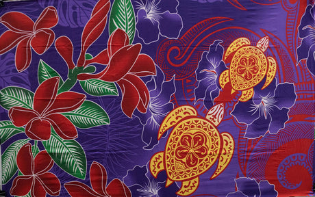 Hibiscus Tiare Turtle Sarong Polyester Fabric - Samoan Polynesian Border Print, 72" L x 45" W (1 Piece)
