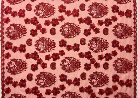 Hibiscus Tonga Seal Polyester Lace Fabric - Tonga Seal With Hibiscus Flowers, 50" Width, 36" Yard Cut (1 Yard)