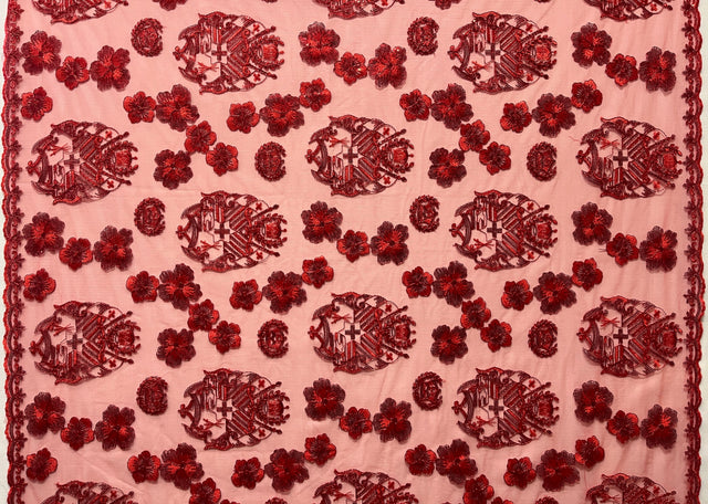 Hibiscus Tonga Seal Polyester Lace Fabric - Tonga Seal With Hibiscus Flowers, 50" Width, 36" Yard Cut (1 Yard)