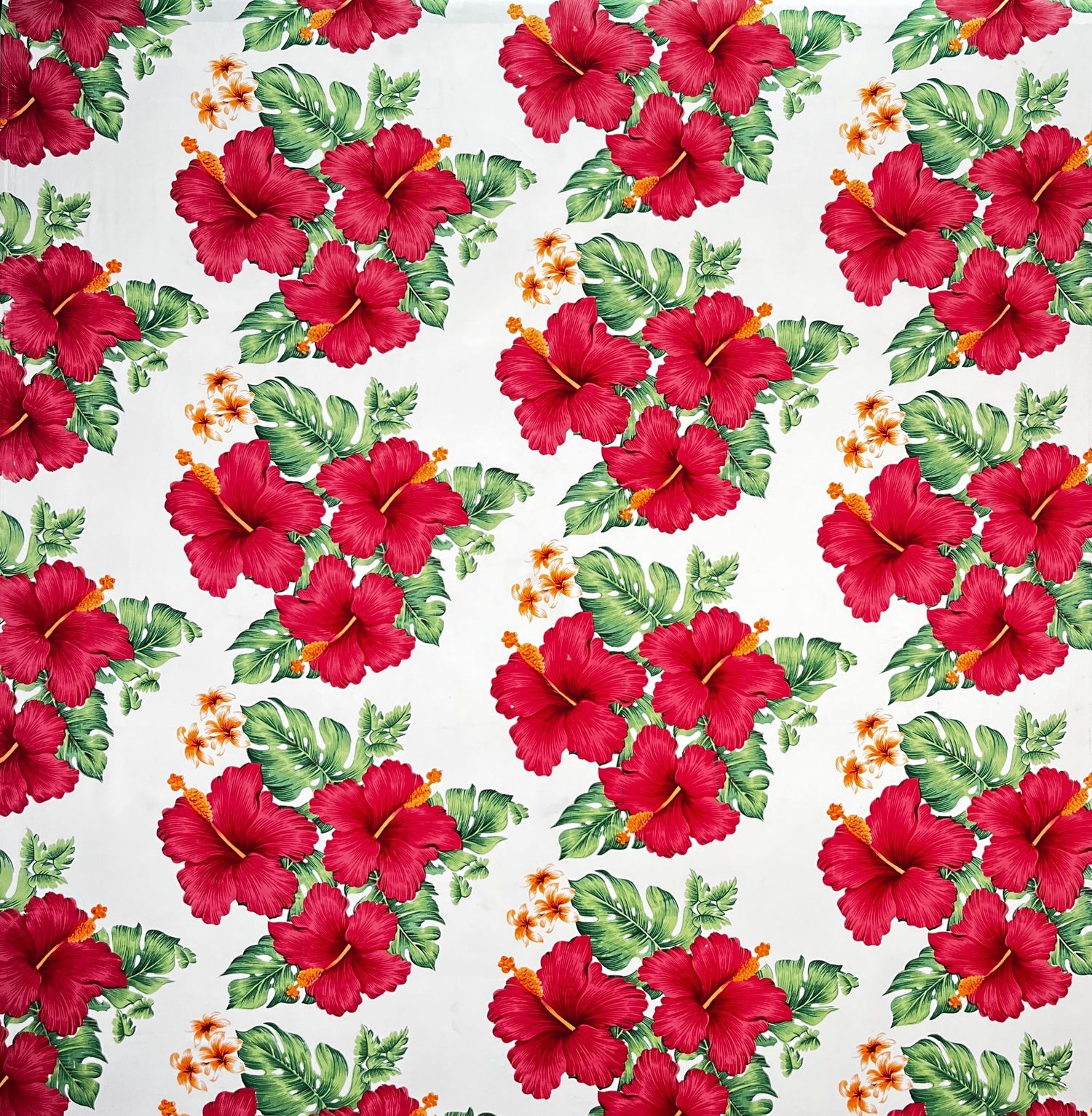 Hibiscus Tropical Leaves Cluster Peachskin Fabric - All Over Floral Tropical Print, 45" Width (1 Yard)