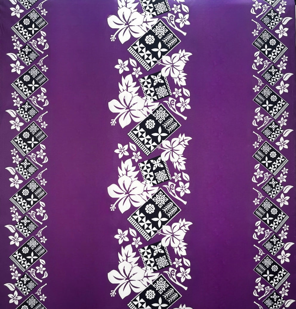 Hibiscus Tropical Leaves W Patches Of Traditional Tapa Double Border Polyester Fabric - Purple, Brown, Green, Blue, Red, Double Border, 45" Width (1 Yard)