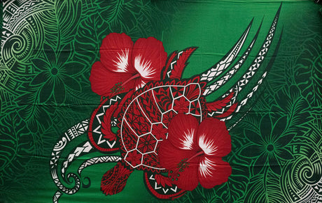 Hibiscus Turtle Tribal Assortment Polyester Fabric - Teal, Royal Blue, Green, Brown, Purple, Turtle Tribal Hibiscus Print, 72" X 45" (1 Piece)