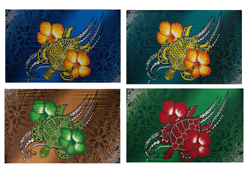 Hibiscus Turtle Tribal Assortment Polyester Fabric - Teal, Royal Blue, Green, Brown, Purple, Turtle Tribal Geometric & Floral Hibiscus, 72" L x 45" W (1 Piece)