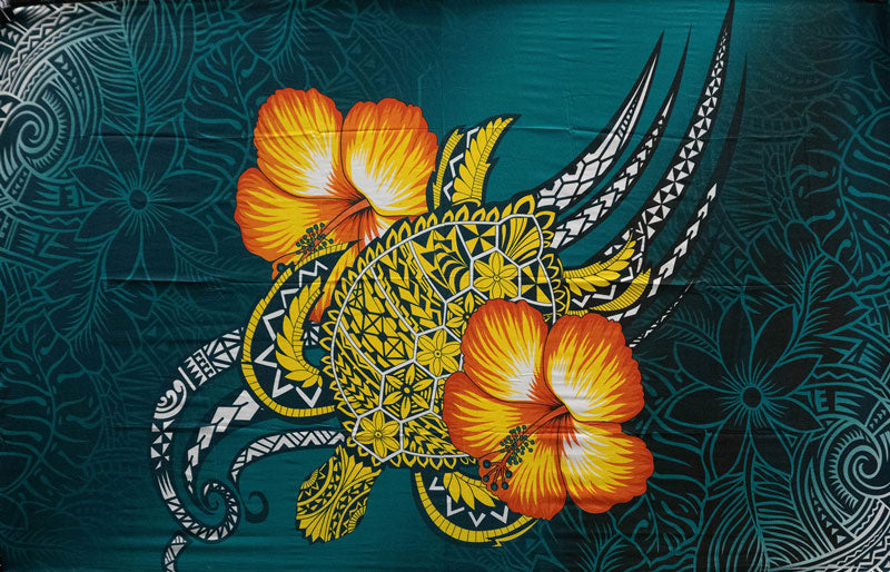 Hibiscus Turtle Tribal Assortment Polyester Fabric - Teal, Royal Blue, Green, Brown, Purple, Turtle Tribal Geometric & Floral Hibiscus, 72" L x 45" W (1 Piece)