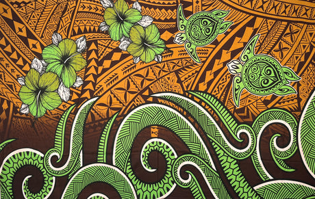 Hibiscus Turtles Waves Polyester Fabric - Tribal Wave Pattern, Hibiscus Flowers, Sea Turtles, 67" L X 45" W (1 Piece)