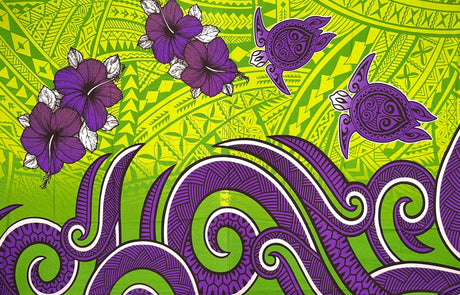 Hibiscus Turtles Waves Polyester Fabric - Tribal Wave Print, Hibiscus Flowers, Sea Turtles, 67" L x 45" W (1 Piece)