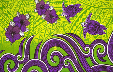 Hibiscus Turtles Waves Polyester Fabric - Tribal Wave Pattern, Hibiscus Flowers, Sea Turtles, 67" L X 45" W (1 Piece)