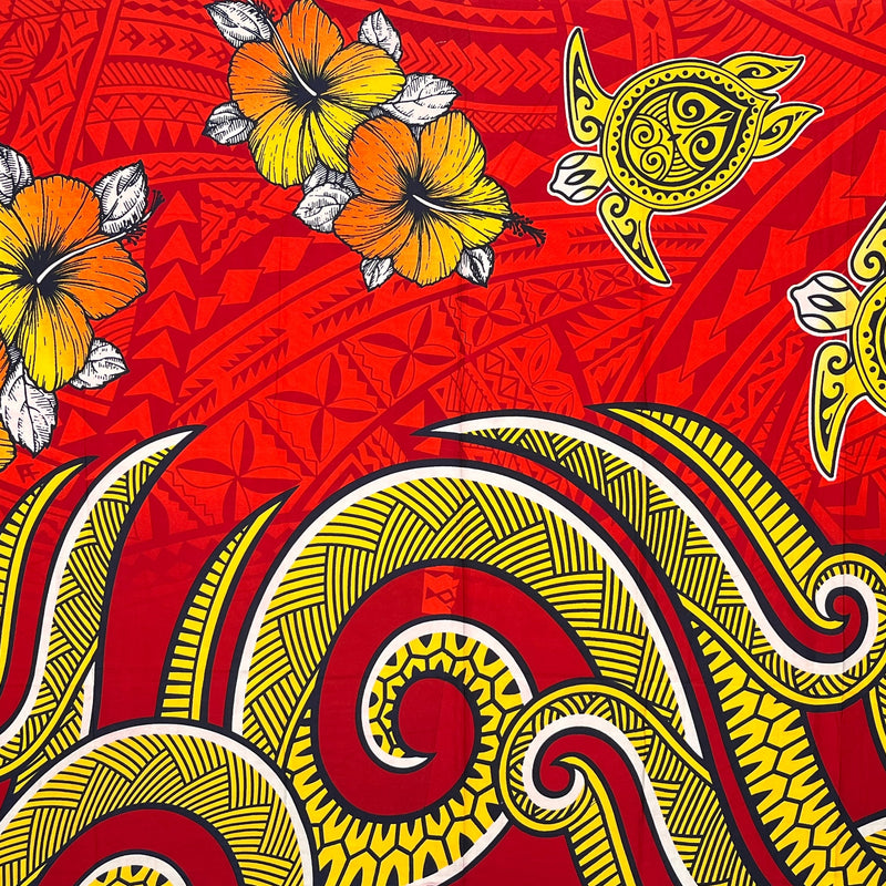 Hibiscus Turtles Waves Polyester Fabric - Tribal Wave Pattern, Hibiscus Flowers, Sea Turtles, 67" L X 45" W (1 Piece)