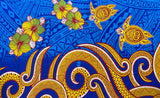 Hibiscus Turtles Waves Polyester Fabric - Tribal Wave Pattern, Hibiscus Flowers, Sea Turtles, 67" L X 45" W (1 Piece)