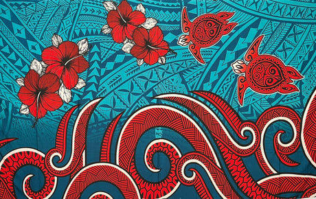 Hibiscus Turtles Waves Polyester Fabric - Tribal Wave Print, Hibiscus Flowers, Sea Turtles, 67" L x 45" W (1 Piece)