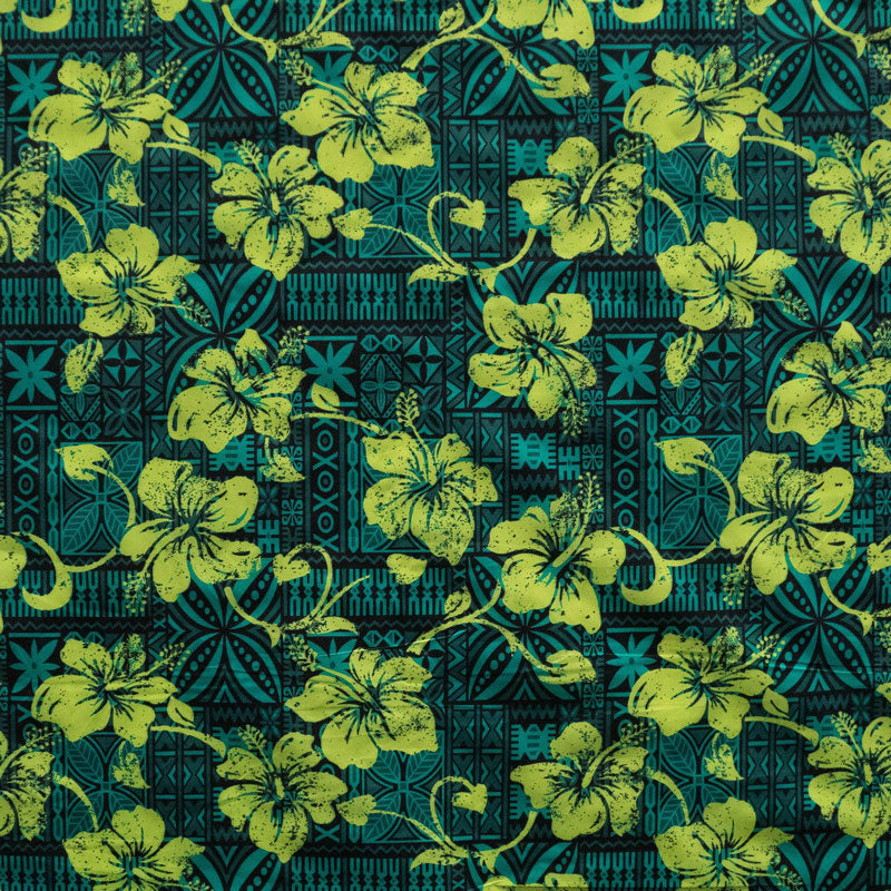 Hibiscus On Traditional Tapa Design Polyester Fabric - Hibiscus Floral Tapa Print, 60" Width (1 Yard)
