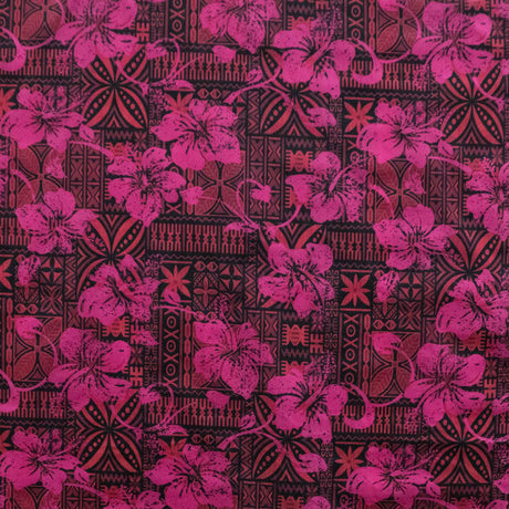 Hibiscus On Traditional Tapa Design Polyester Fabric - Hibiscus Floral Tapa Print, 60" Width (1 Yard)
