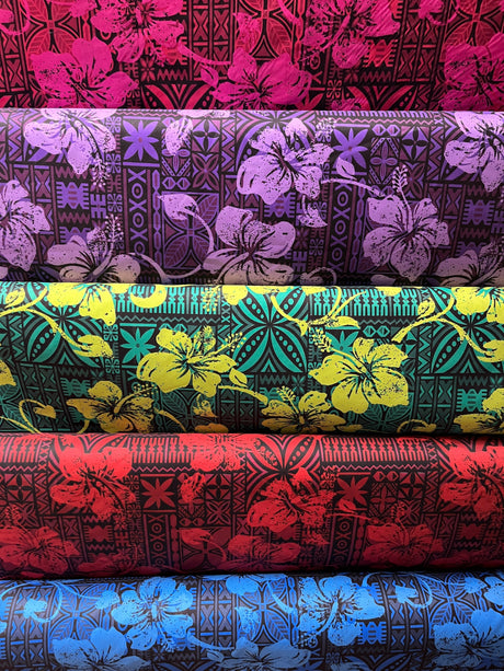 Polyester Fabric Hibiscus on Traditional Tapa Design