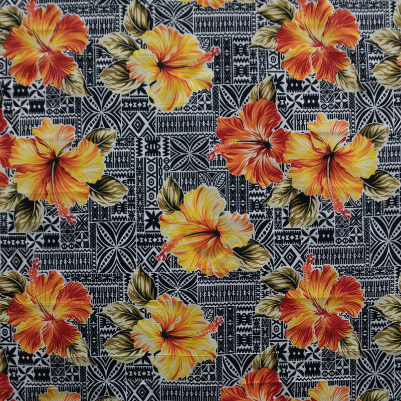 Polyester Fabric Hibiscus Flowers on Traditional Tapa