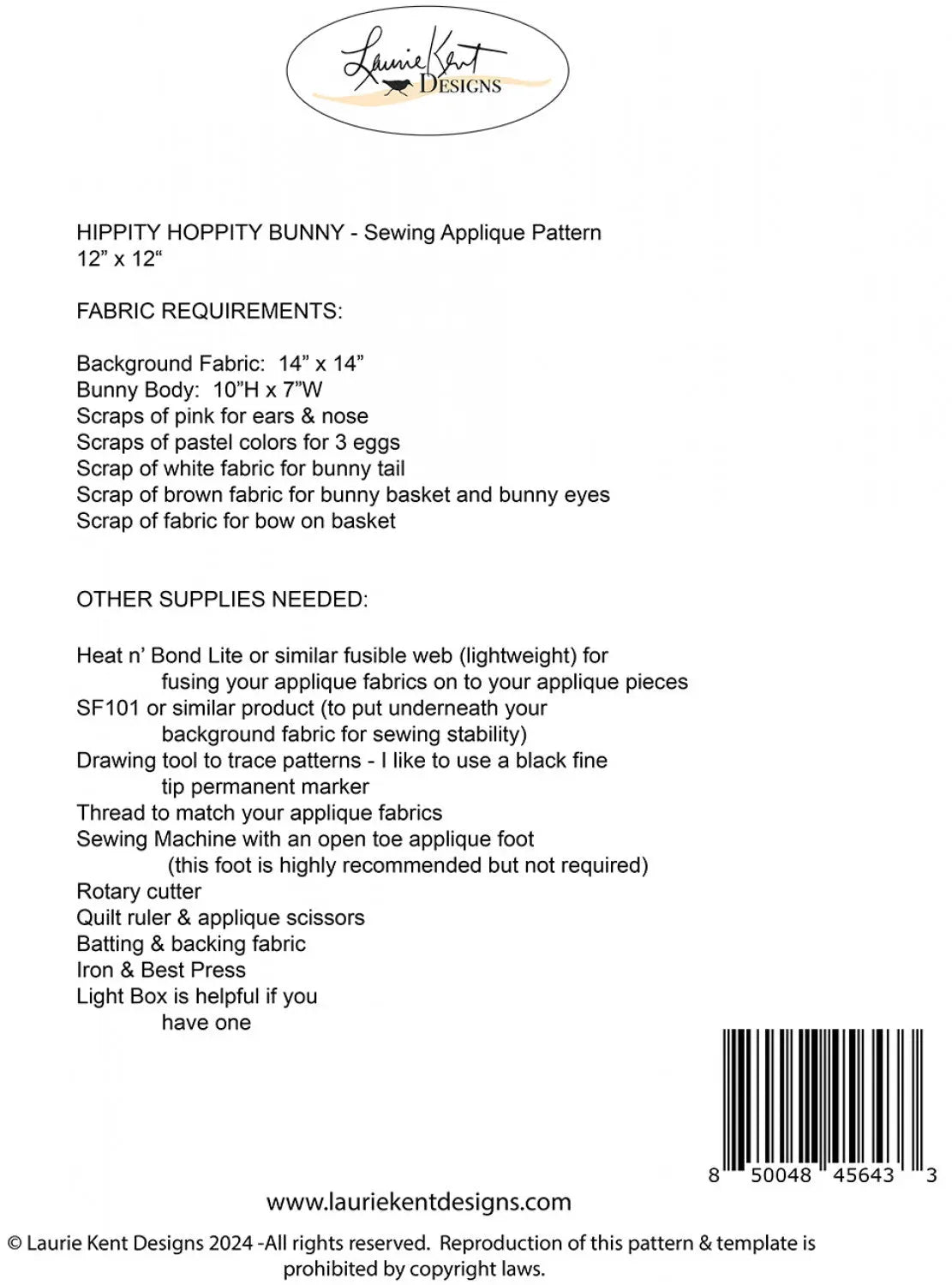 Bunny Sewing Applique Pattern 12in x 12in