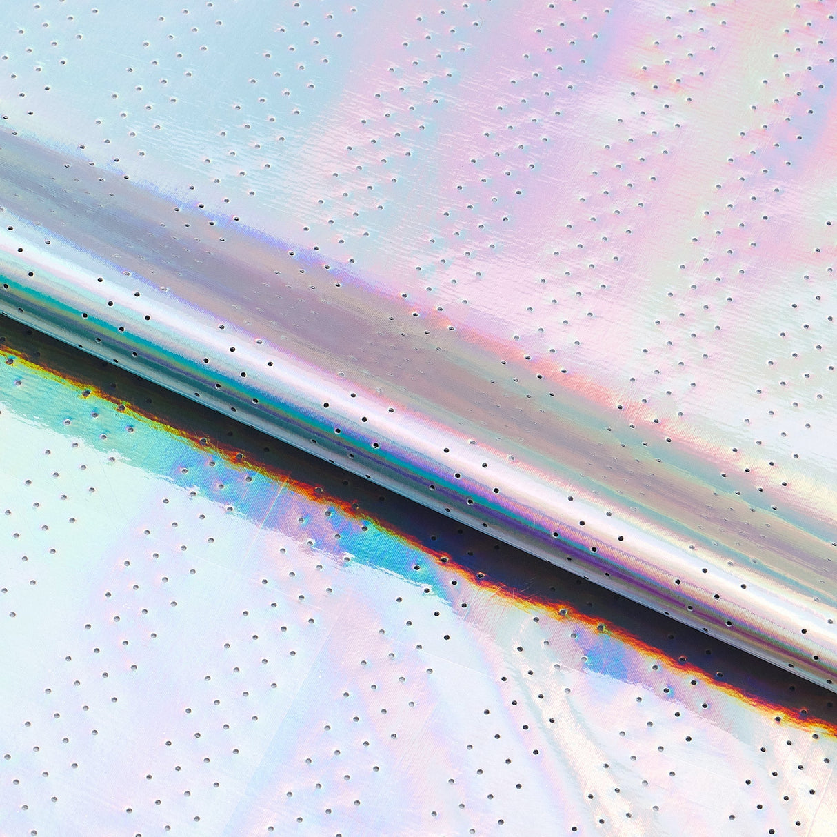 Hipster Punch Polyurethane Coated Polyester Spandex Fabric - Holo Silver, Punched Hole Stripe Pattern, 54" Width (1 Yard)