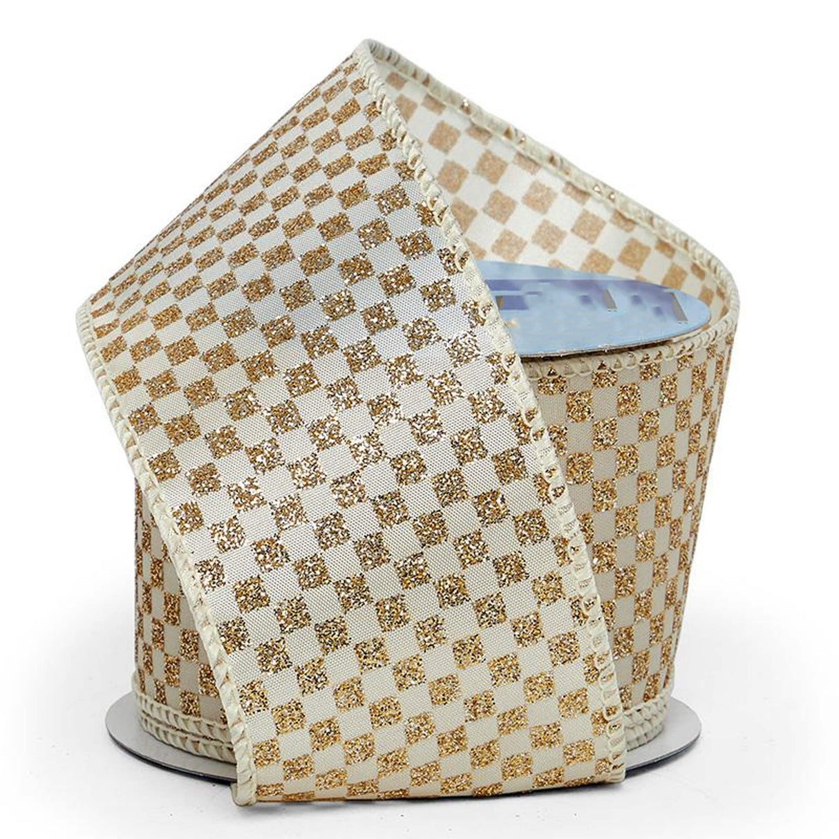 Glitter Mini Checker Pattern On Wired Ribbon 2 1/2 '' X 10 yd Gold / Ivory Color 1 / roll