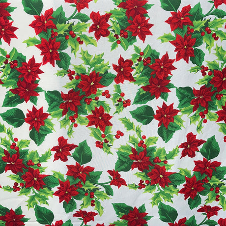 Holly Poinsettia Classic Polyester Fabric - Red Poinsettia And Holly Print, 58" Width (1 Yard)