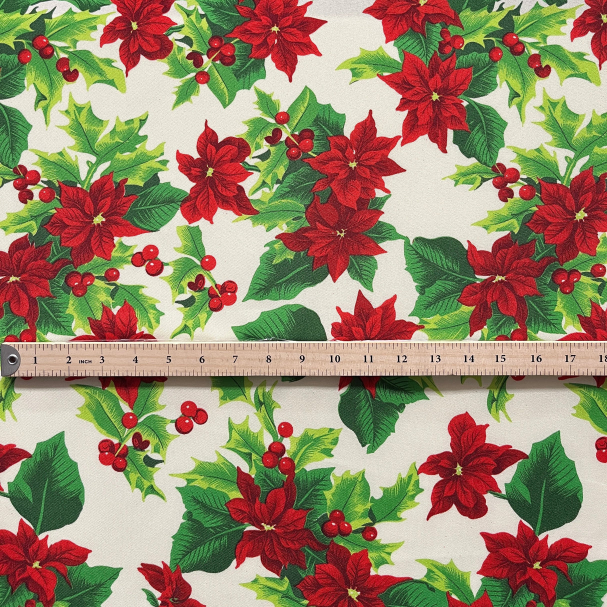 Holly Poinsettia Classic Polyester Fabric - Red Poinsettia And Holly Print, 58" Width (1 Yard)