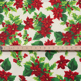 Holly Poinsettia Classic Polyester Fabric - Red Poinsettia And Holly Print, 58" Width (1 Yard)