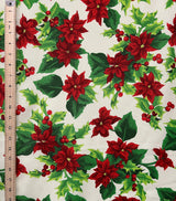 Holly Poinsettia Classic Polyester Fabric - Red Poinsettia And Holly Print, 58" Width (1 Yard)
