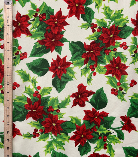 Holly Poinsettia Classic Polyester Fabric - Red Poinsettia And Holly Print, 58" Width (1 Yard)