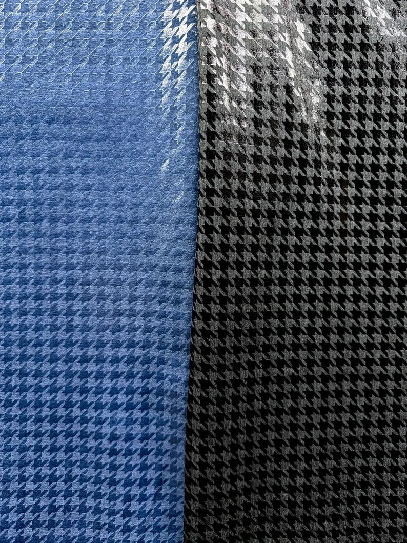 New Navy Or Black Houndstooth Foil Nylon Spandex Supplex Fabric - Navy, Black Houndstooth, 58" Width