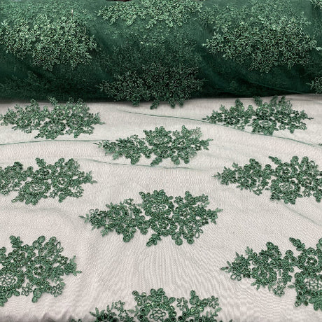 Hunter Green Sequin Lace Fabric - Embroidered Floral Mesh, 52" Width