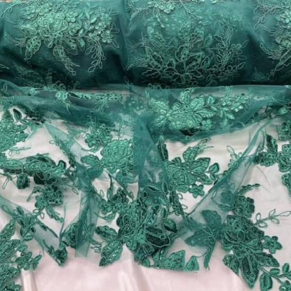 Designer Sequin Lace On Mesh Fabric - Blush, Champagne, Gold, Hunter Green, Red, Silver, White, 52" Width (1 Yard)