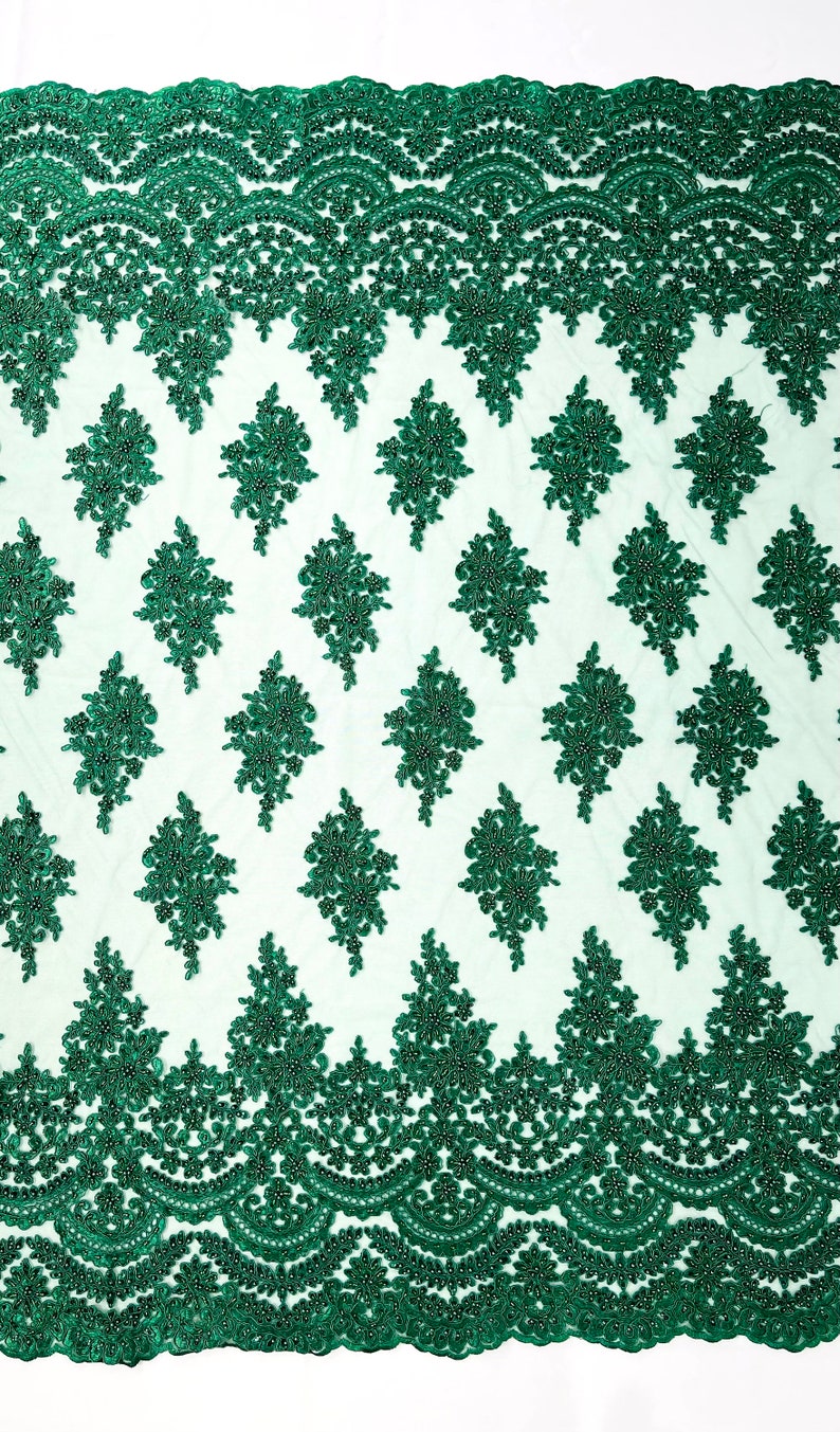 Erin Diamond Beaded Metallic Floral Embroidered Mesh Lace Fabric - Metallic Floral Beaded Embroidery, 50-54" Width (1 Yard)