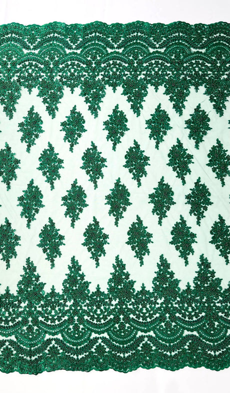 Erin Diamond Beaded Metallic Floral Embroidered Mesh Lace Fabric - Metallic Floral Beaded Embroidery, 50-54" Width (1 Yard)