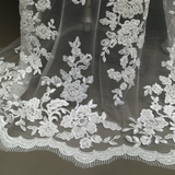 1 Yard Exquisite Beaded and Corded Bridal Lace Fabric Embroidered on 100% Polyester Net Mesh White