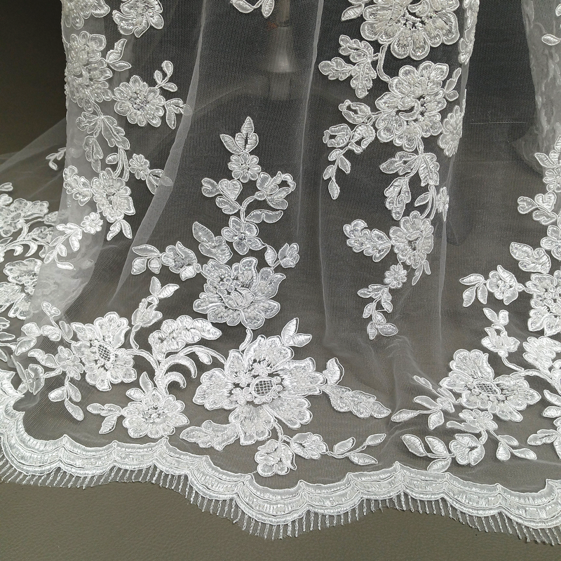 Beaded Corded Bridal Lace Fabric - Embroidered White, Ivory, Gold, Silver, Hunter Green, Rose Gold, 51" Width (1 Yard)