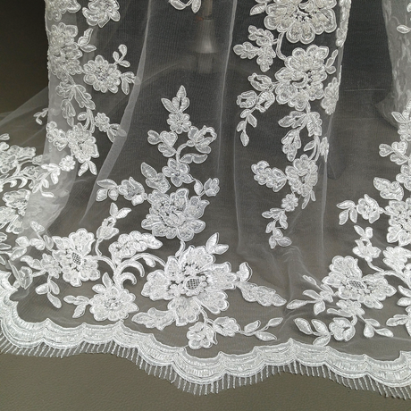1 Yard Beaded & Corded Bridal Lace Fabric 51" Wide Embroidered on 100% Polyester Net Mesh