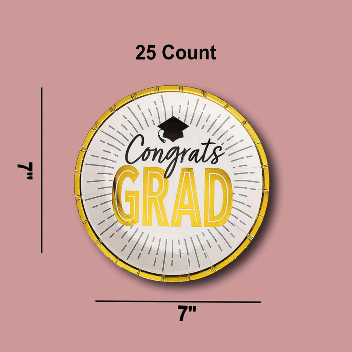 25 Count Black and Gold Graduation Party Congrats Grad Paper Dessert Plates 7 Inch