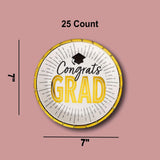25 Count Black and Gold Graduation Party Congrats Grad Paper Dessert Plates 7 Inch