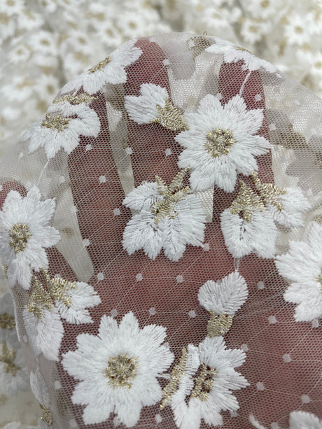 Ivory/Gold Metallic French Inspired Embroidered Lace Fabric - Floral Embroidery, Soft Off White Tulle Mesh, 54" Width (1 Yard)