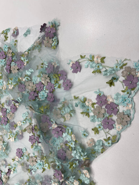 Multi Color 3D Floral Daisy Design Embroider Lace Fabric - Multi Color Floral Embroidery, 54" Width (1 Yard)