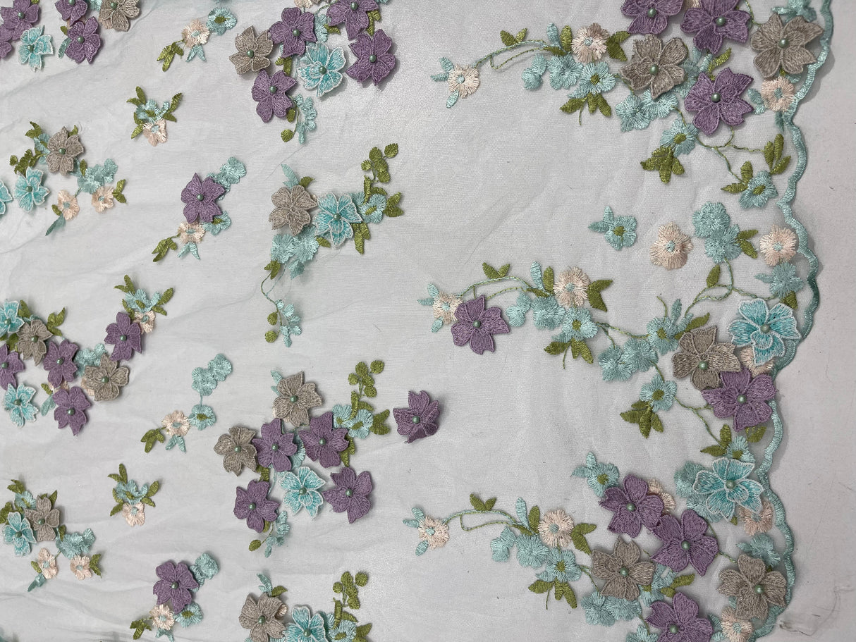 Multi Color 3D Floral Daisy Design Embroider Lace Fabric - Multi Color Floral Embroidery, 54" Width (1 Yard)