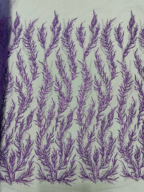 Vine Beaded Lace On Mesh Beaded Lace Fabric - Light Blue, White, Hunter Green, Nude, Clear Pink, Gold, Lavender, 54" Width (1 Yard)