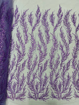 Vine Beaded Lace On Mesh Beaded Lace Fabric - Light Blue, White, Hunter Green, Nude, Clear Pink, Gold, Lavender, 54" Width (1 Yard)