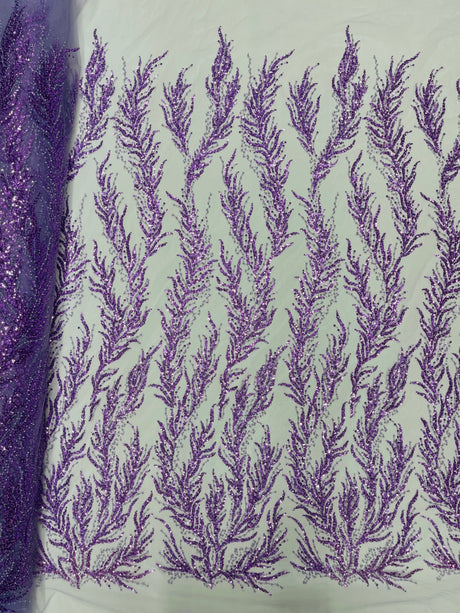 Vine Beaded Lace On Mesh Beaded Lace Fabric - Light Blue, White, Hunter Green, Nude, Clear Pink, Gold, Lavender, 54" Width (1 Yard)