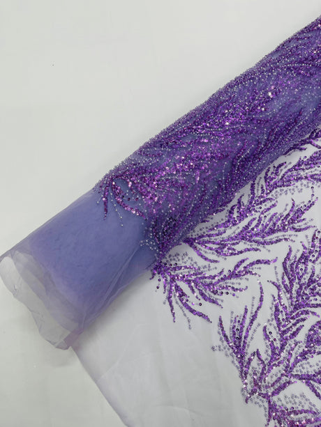 Vine Beaded Lace On Mesh Beaded Lace Fabric - Light Blue, White, Hunter Green, Nude, Clear Pink, Gold, Lavender, 54" Width (1 Yard)