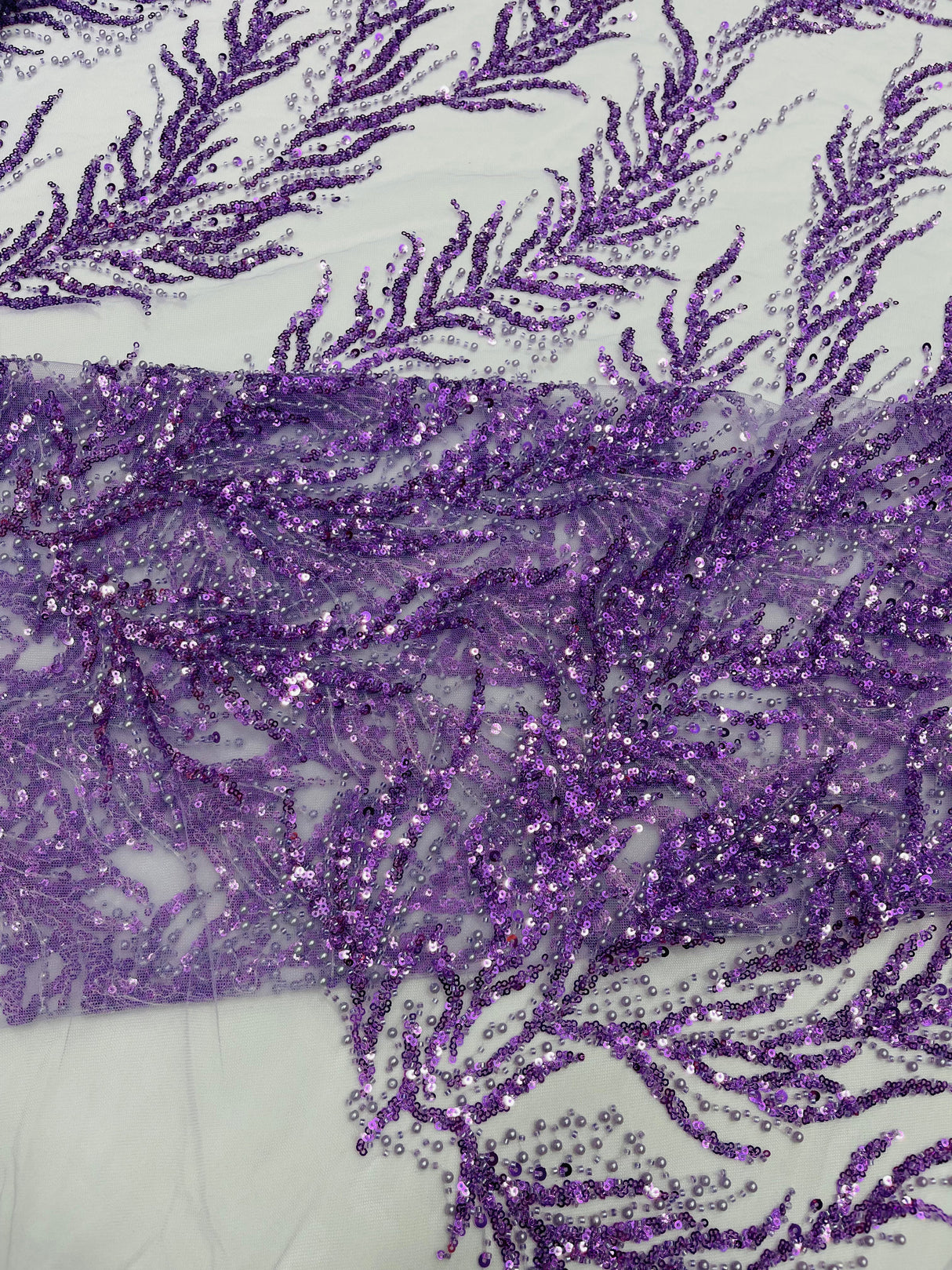 Vine Beaded Lace On Mesh Beaded Lace Fabric - Light Blue, White, Hunter Green, Nude, Clear Pink, Gold, Lavender, 54" Width (1 Yard)