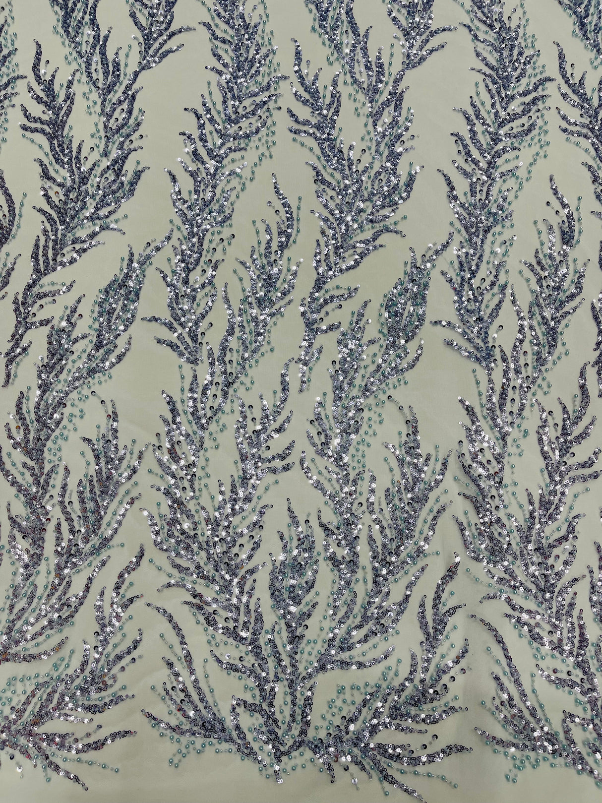 Vine Beaded Lace On Mesh Beaded Lace Fabric - Light Blue, White, Hunter Green, Nude, Clear Pink, Gold, Lavender, 54" Width (1 Yard)