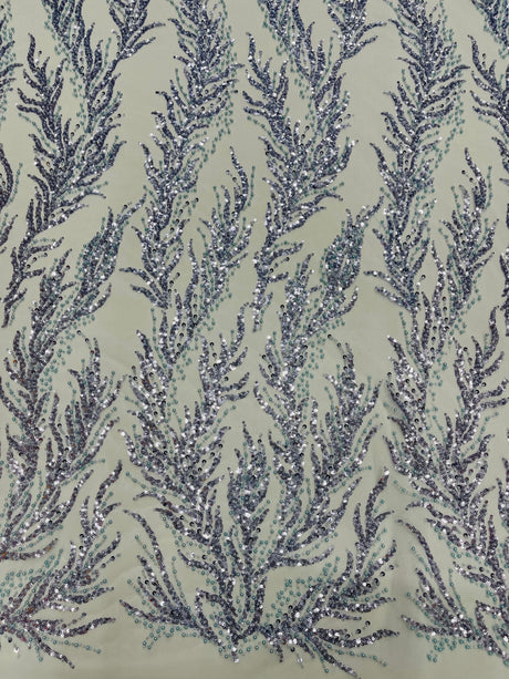 Vine Beaded Lace On Mesh Beaded Lace Fabric - Light Blue, White, Hunter Green, Nude, Clear Pink, Gold, Lavender, 54" Width (1 Yard)